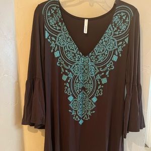 Boutique Balloon Bell Sleeve Dress 3/4 Sleeves L Large Brown Turquoise